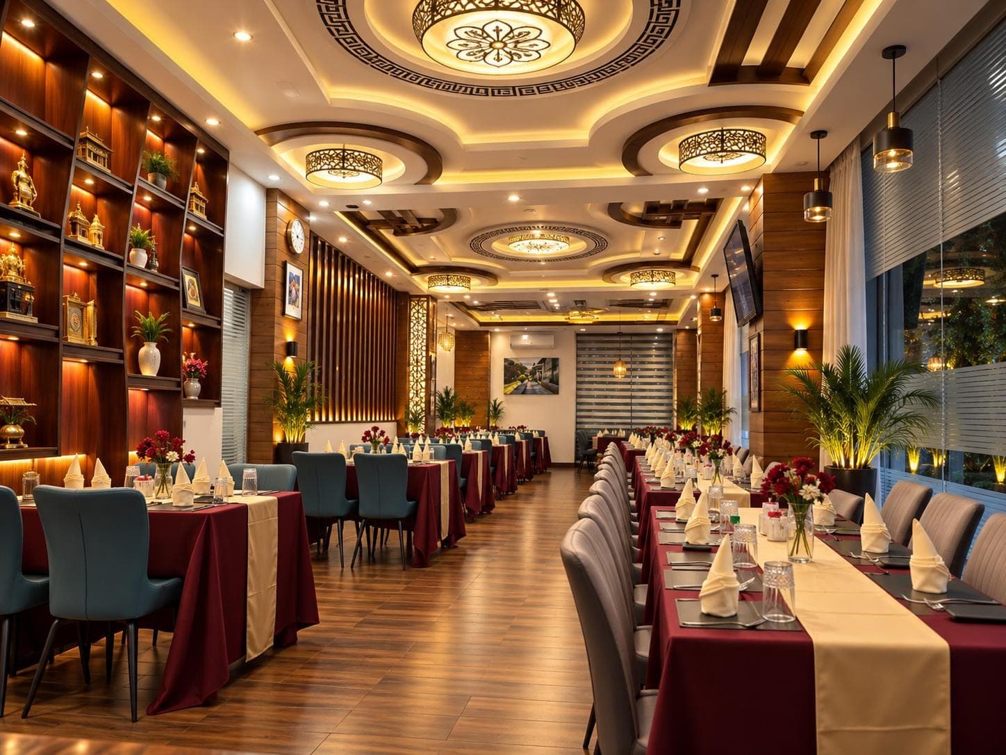 Illustration: long dining hall with set tables, maroon and cream runners and patterned ceiling lights