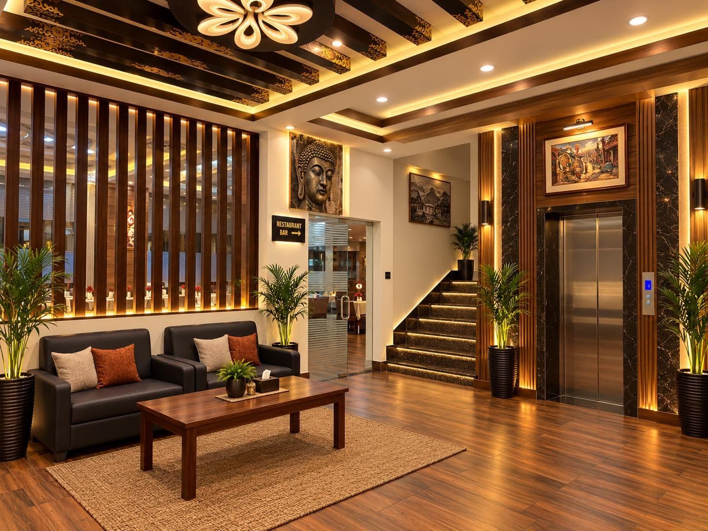 Illustration: lounge with leather sofas, wooden slat walls, a lift and stairs