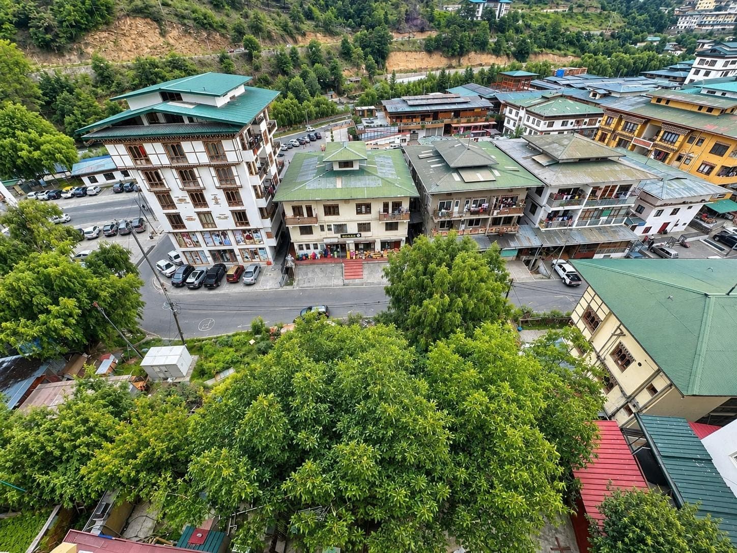 Looking down on green-roofed buildings, a street and trees behind the hotel