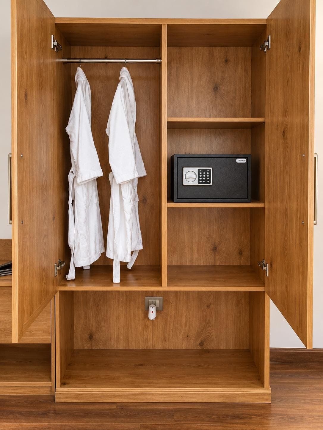Open wooden wardrobe with two bathrobes, shelves and a small safe